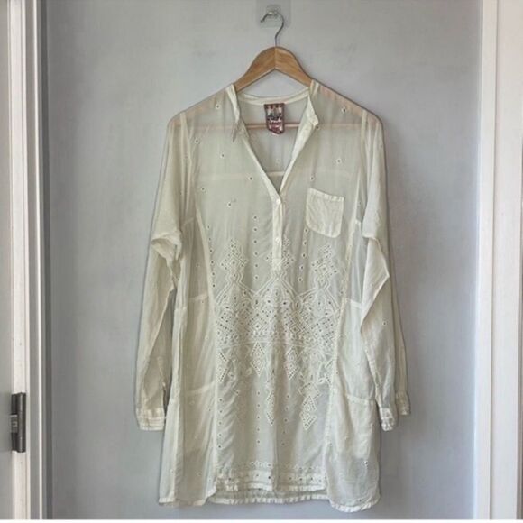 JOHNNY WAS Embroidered Blouse Tunic Cupra Rayon Pocket Long Cream - Picture 2 of 10